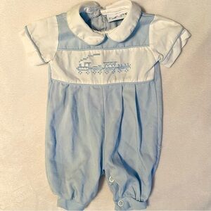 Vintage Alexis USA Newborn Boy Blue White 1pc Romper Outfit Embroidered Train NB